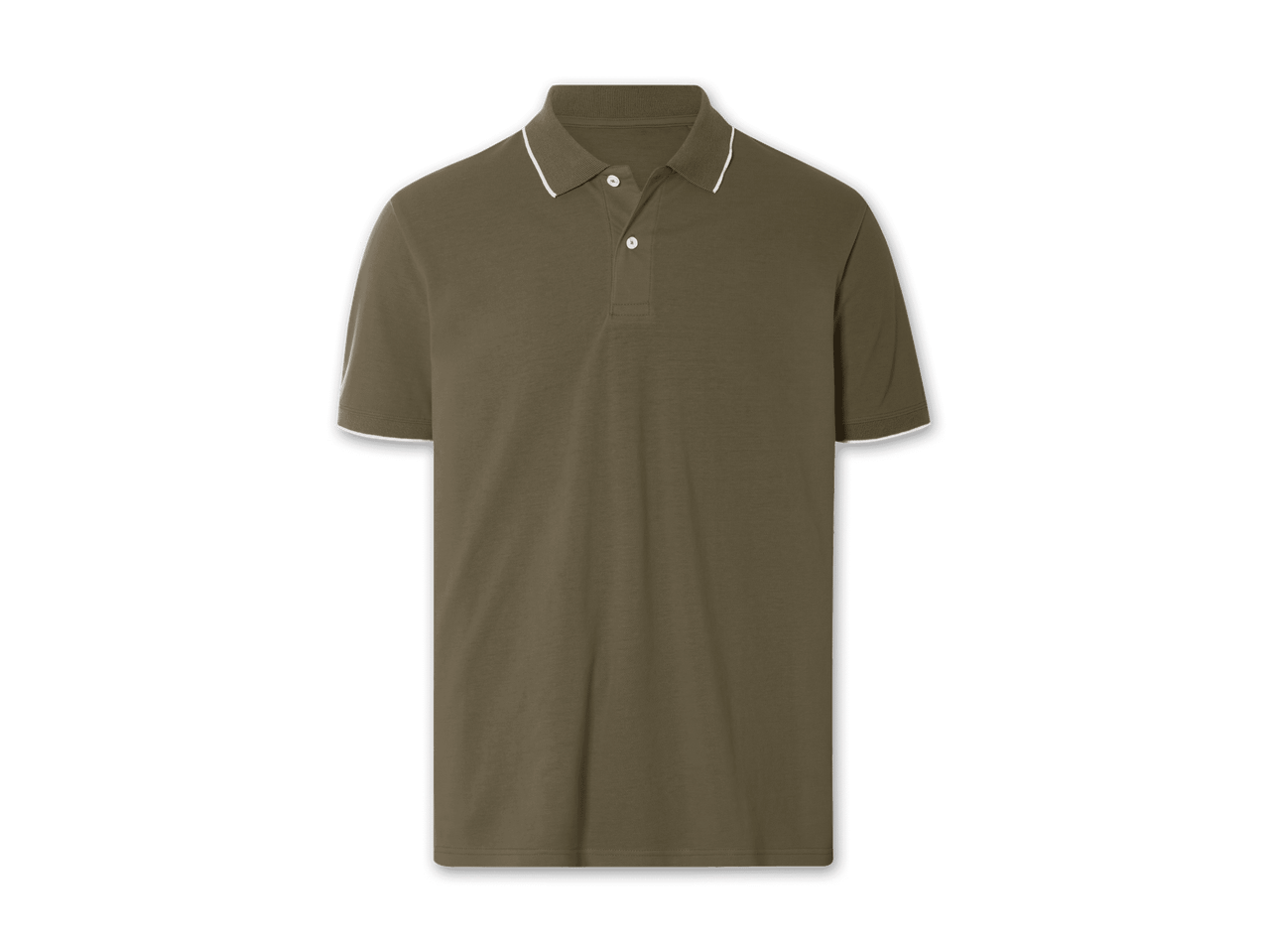 Ein olivgrünes Poloshirt mit weißem Kragen.
