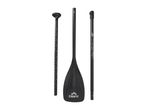 Black adjustable paddle for water sports, disassembled into three parts, with measurement markings.