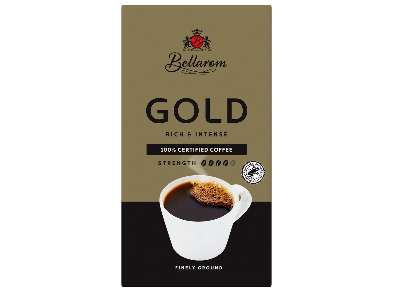 Опаковка кафе с надпис 'GOLD', 'RICH & INTENSE' и '100% CERTIFIED COFFEE'