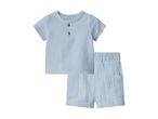 Light blue muslin baby outfit with short-sleeved top and shorts