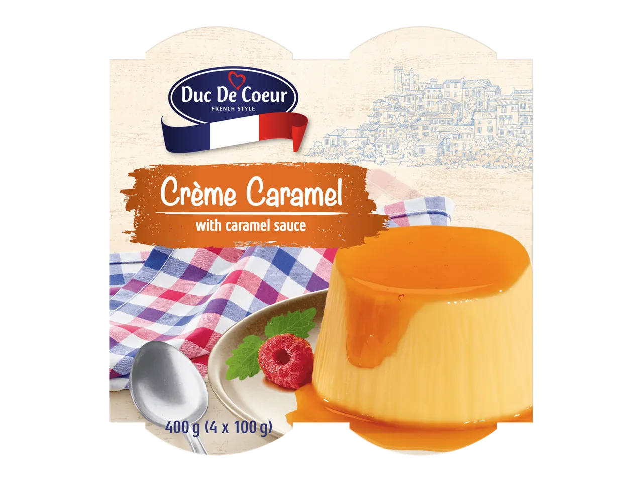 Crème Caramel -vanukas karamellikastikkeella, 4 x 100 g pakkaus.
