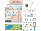 A wooden doll's house with furniture, accessories, and outdoor elements.