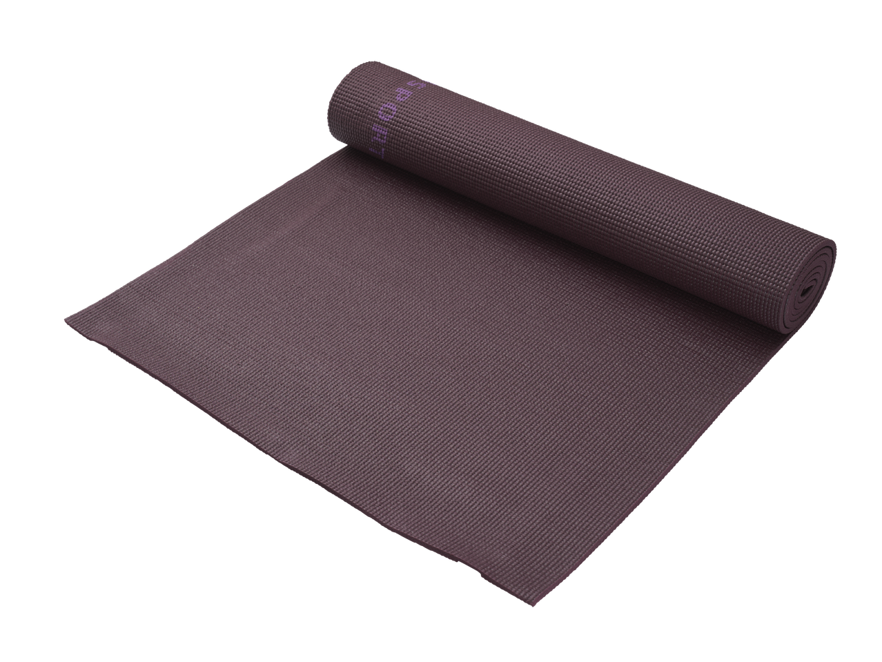 Tamsiai violetinė jogos kilimėlis yra iš dalies susuktas.