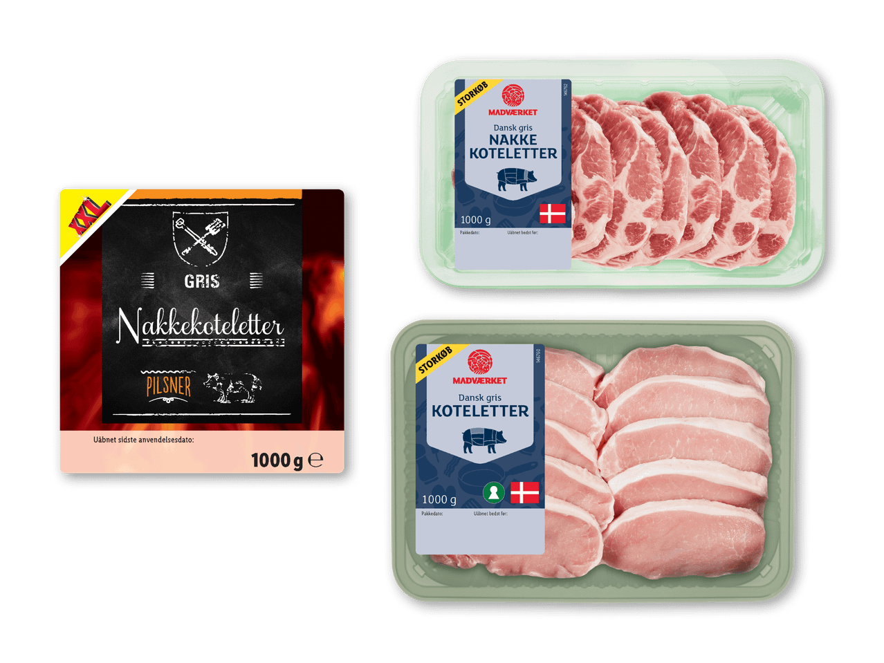 To pakker svinekoteletter og en pakke nakkekoteletter, alle 1000g.