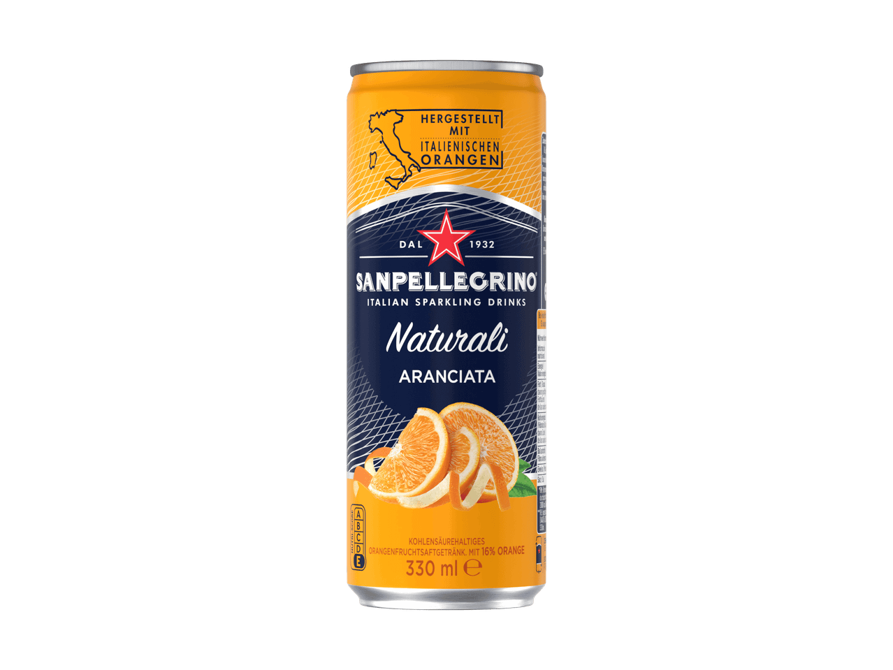 San Pellegrino Aranciata Naturali, ein italienisches, kohlensäurehaltiges Orangensaftgetränk in der 330ml Dose.
