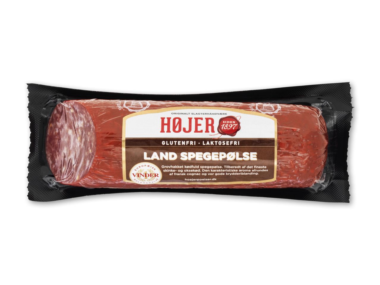 Pakket land spegepølse, glutenfri og laktosefri, med guldmedalje.