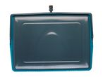Top view of a teal dustpan with a dark gray metal tray.