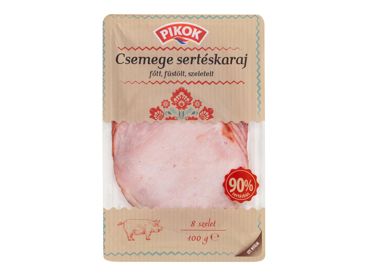 Pikok csemege sertéskaraj, főtt, füstölt, szeletelt, 100g-os kiszerelésben.
