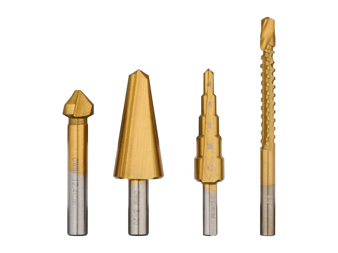 Four gold-colored drill bits, including a countersink, two step drills, and a spiral drill.
