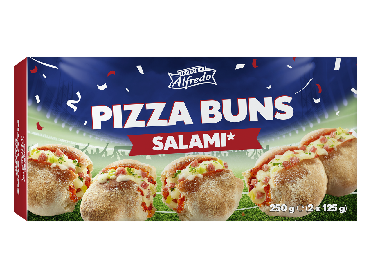 Boîte de pizza buns au salami sur fond de stade de football, avec confettis.