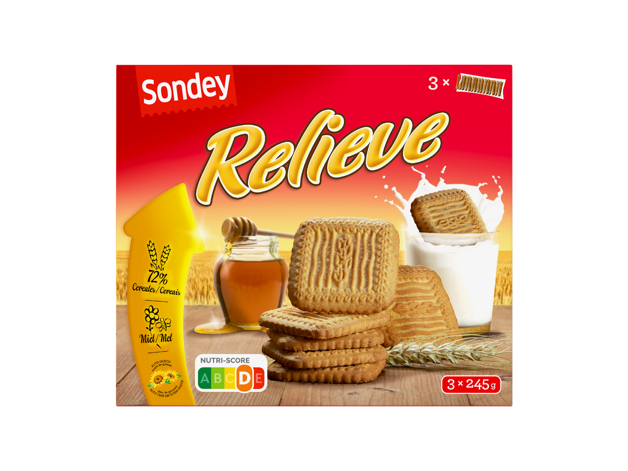 Bolachas Sondey Relieve com cereais, mel e óleo de girassol, Nutri-Score A, 3x245g.