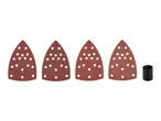 Four triangular sanding sheets in different grits and a black adapter