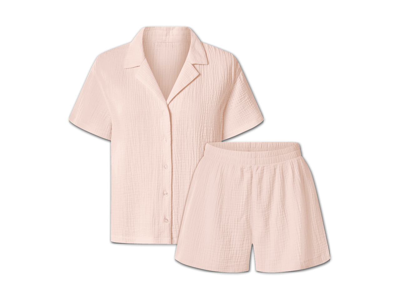 Pyjama-Set aus Musselin in Rosa, bestehend aus einem kurzärmeligen Hemd und Shorts.