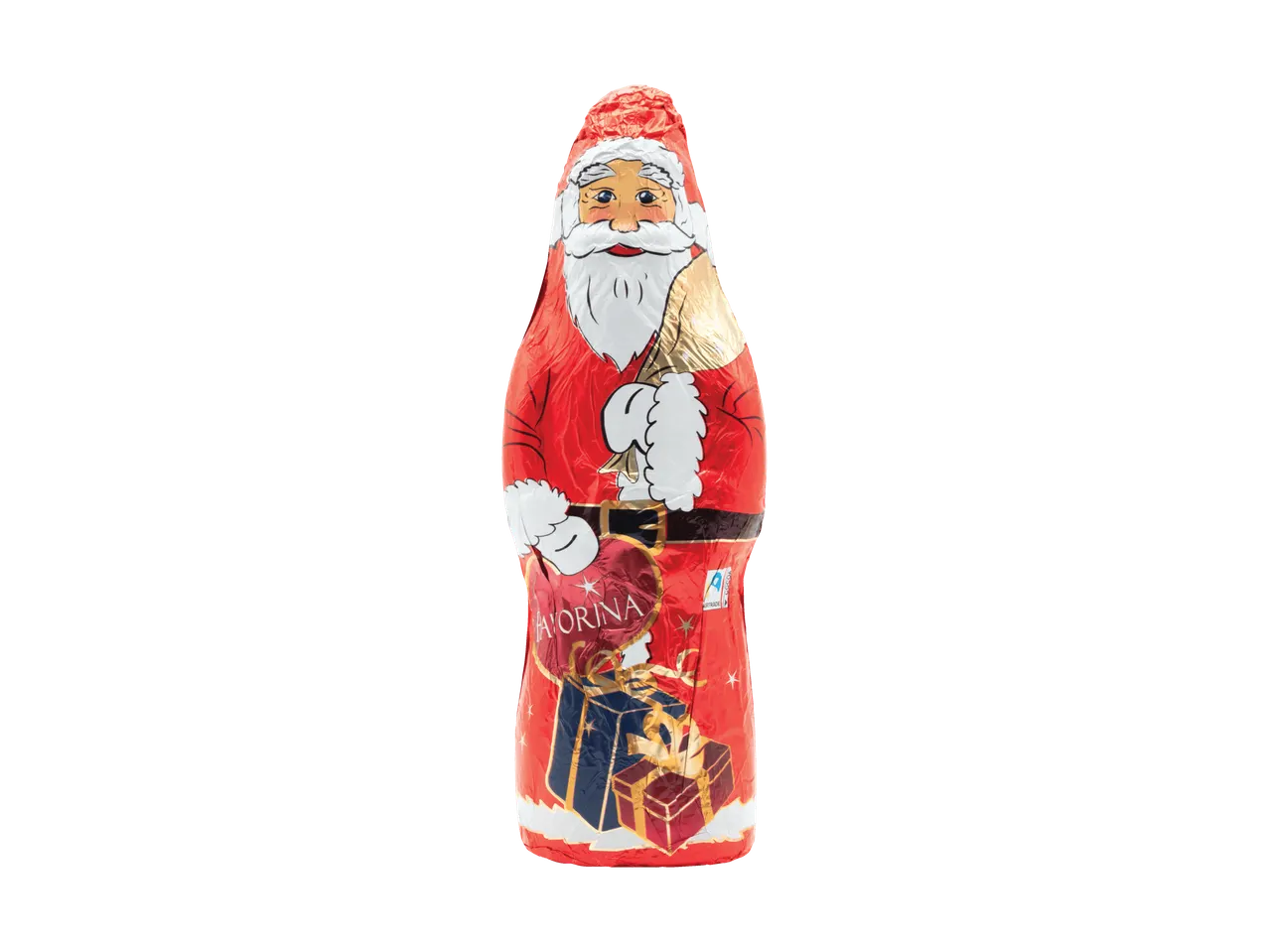 Favorina Schokoladen-Weihnachtsmann in roter Folie mit Geschenken