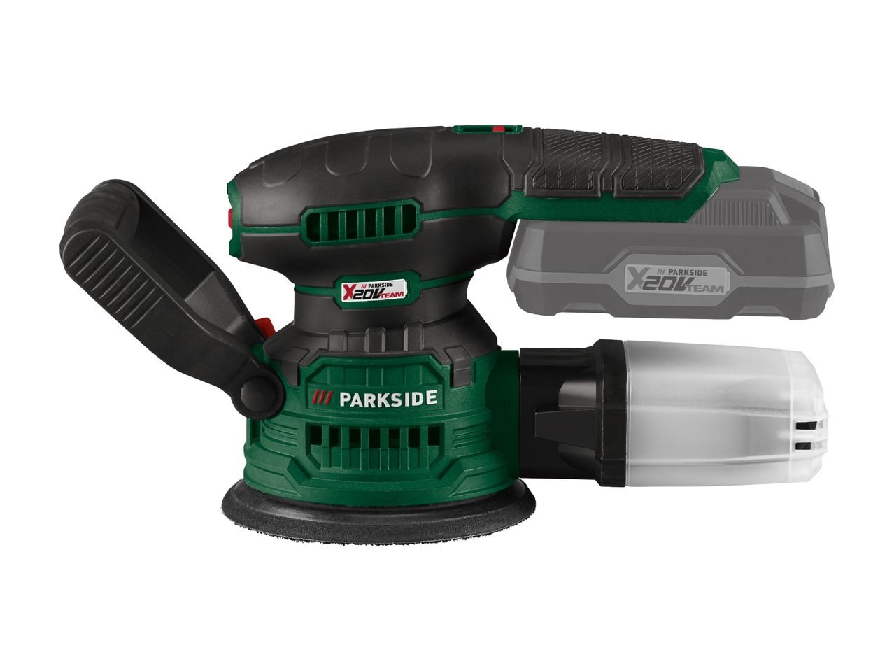 En Parkside X 20V Team batteridrevet excentersliber med støvopsamler.