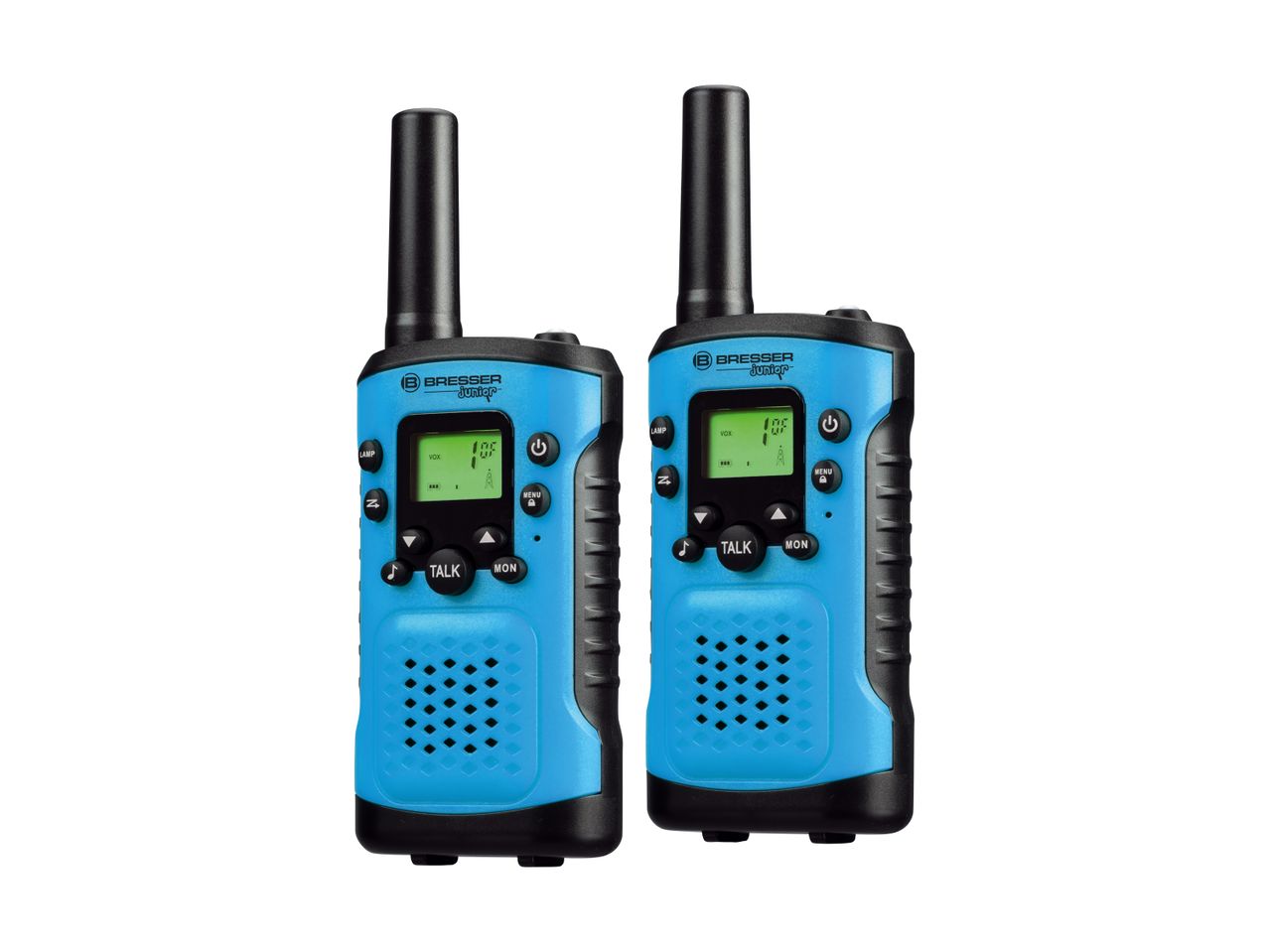 To blå og sorte walkie-talkies med skærme og knapper.