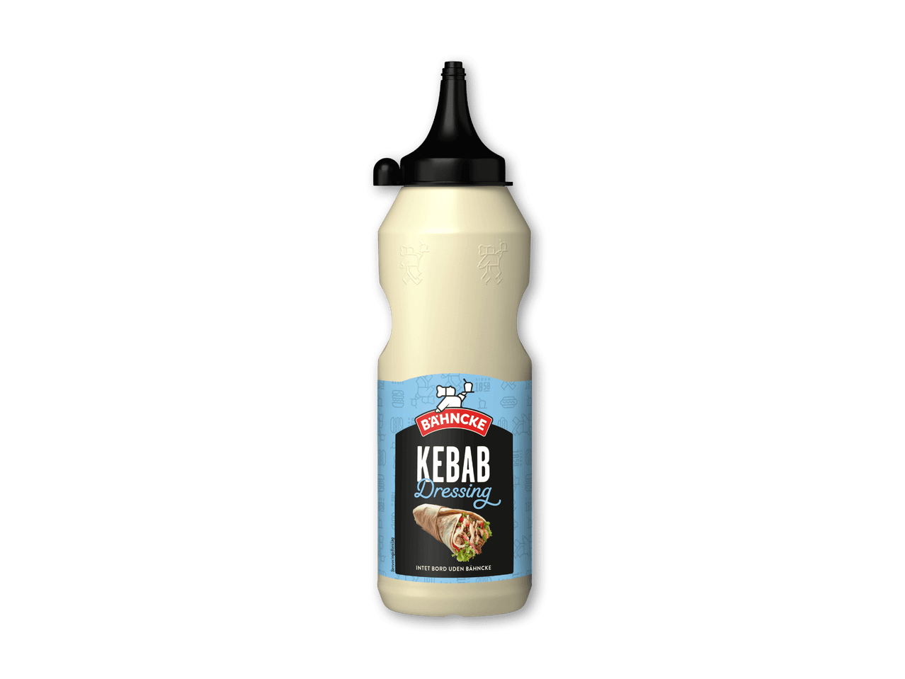 En flaske kebabdressing med et billede af en kebab på etiketten.