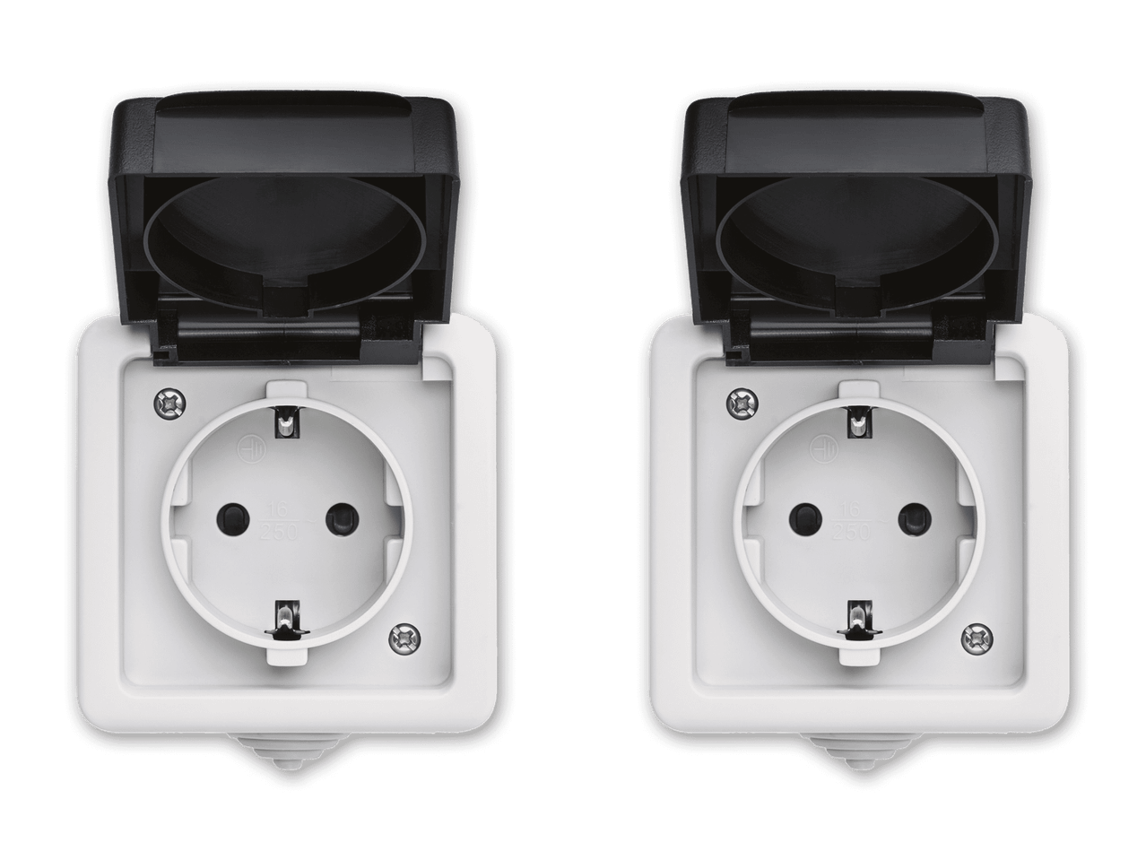 Zwei weiße, spritzwassergeschützte Steckdosen mit schwarzen Klappdeckeln