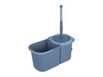 A blue spin mop and bucket set is shown against a white background.