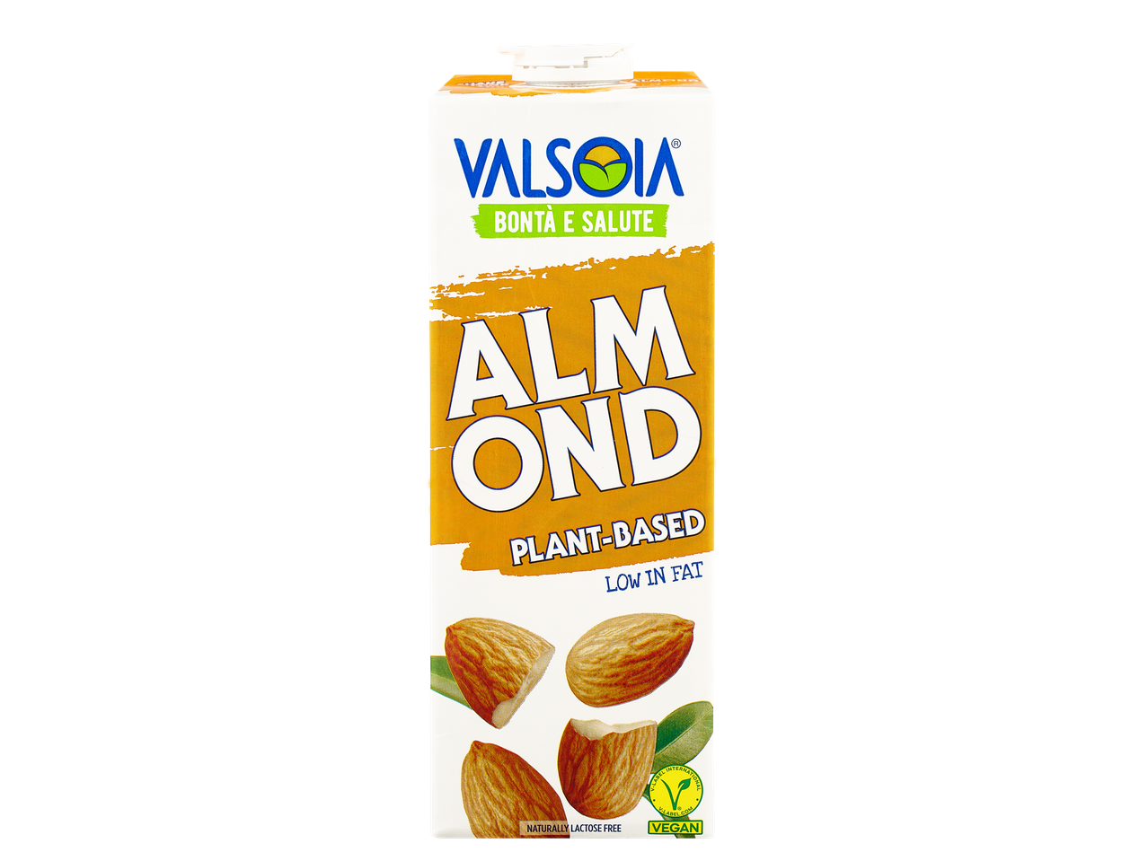 Valsoia migdolų gėrimas, augalinės kilmės, su mažu riebalų kiekiu.