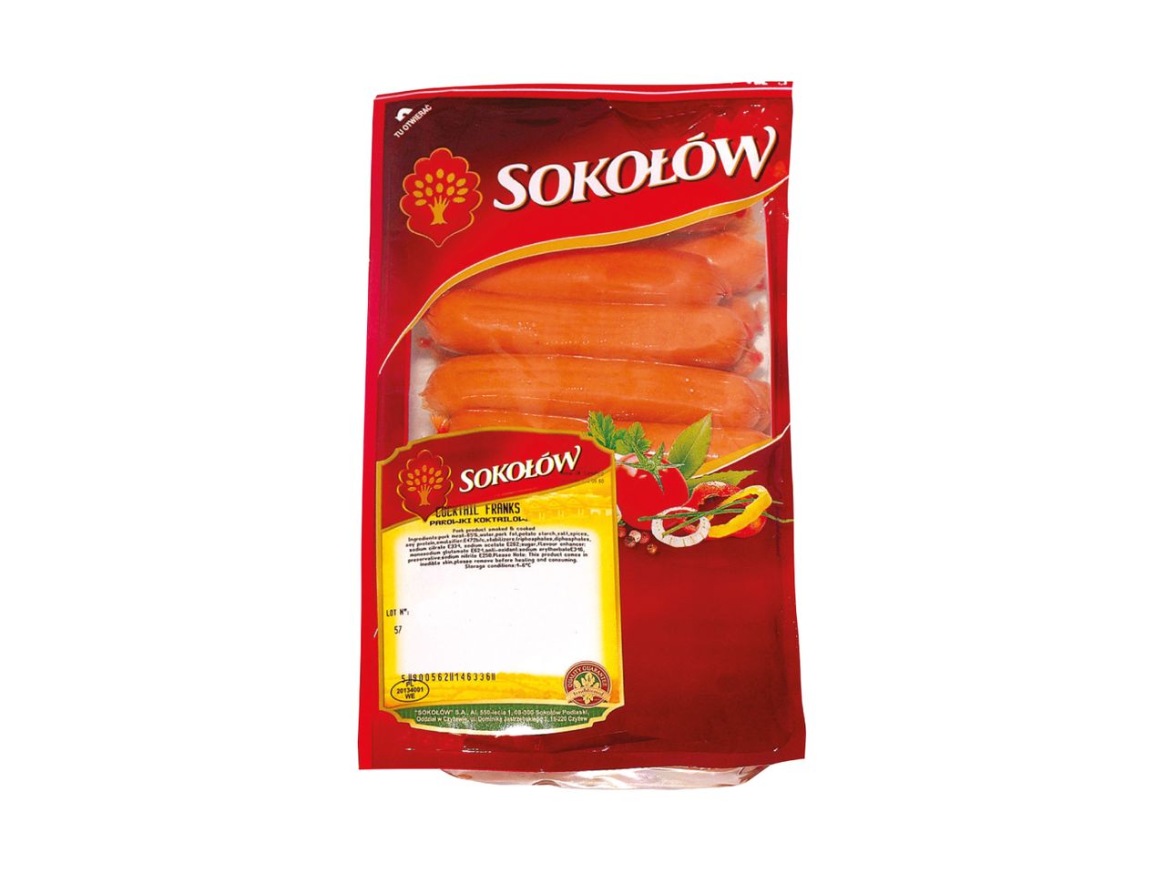 Pack of cocktail franks with ingredients and storage information on a red label.