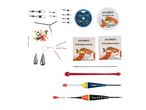 A collection of fishing tackle including hooks, lines, weights, floats, and various small accessories.
