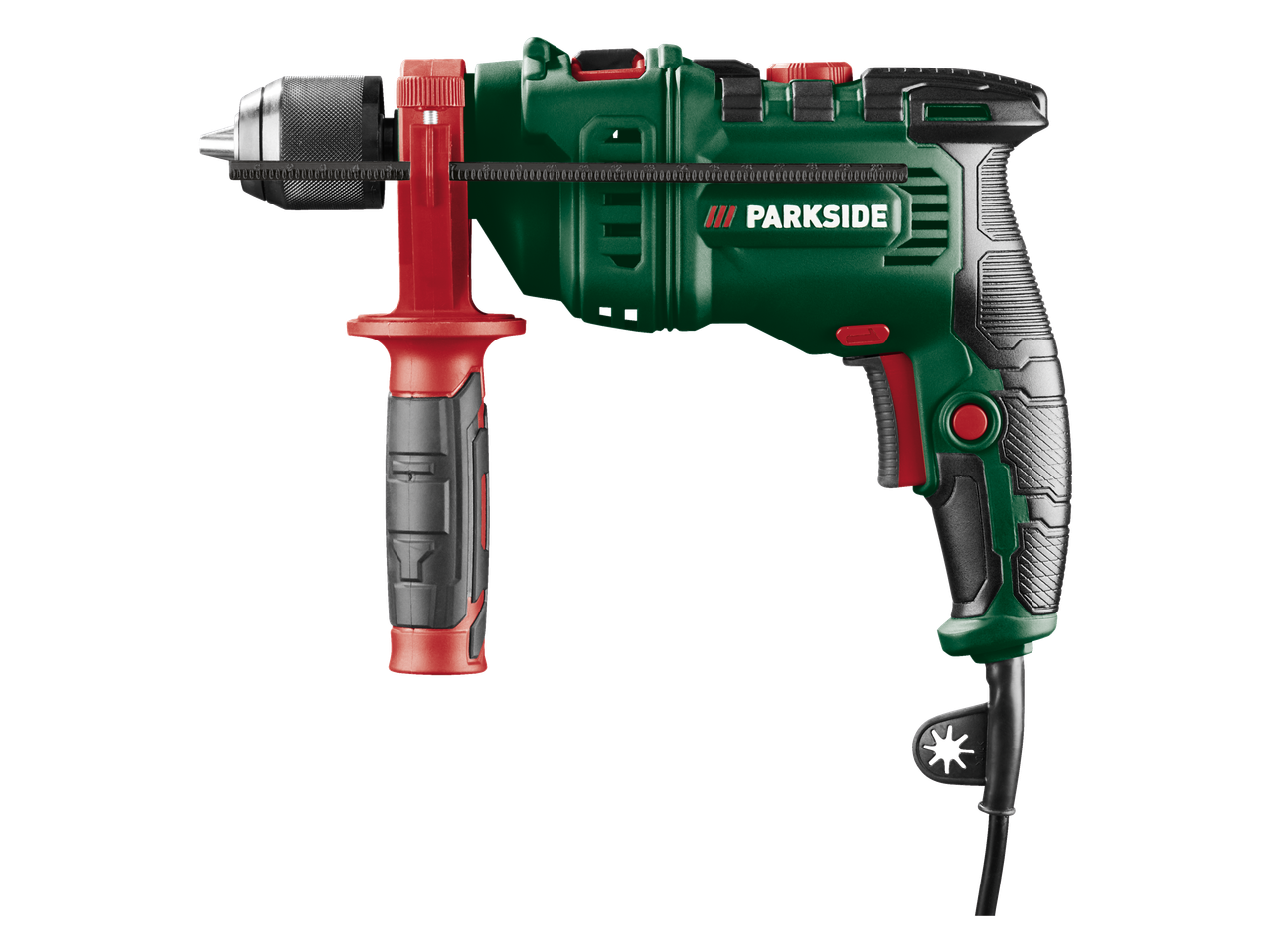 Parkside žalios ir raudonos spalvos smūginis gręžtuvas su šonine rankena ir laidu.