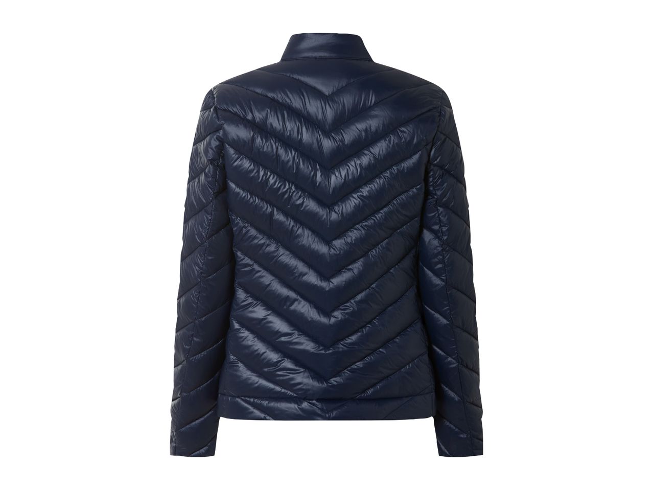 Dark blue quilted puffer jacket with a stand-up collar, viewed from the back.