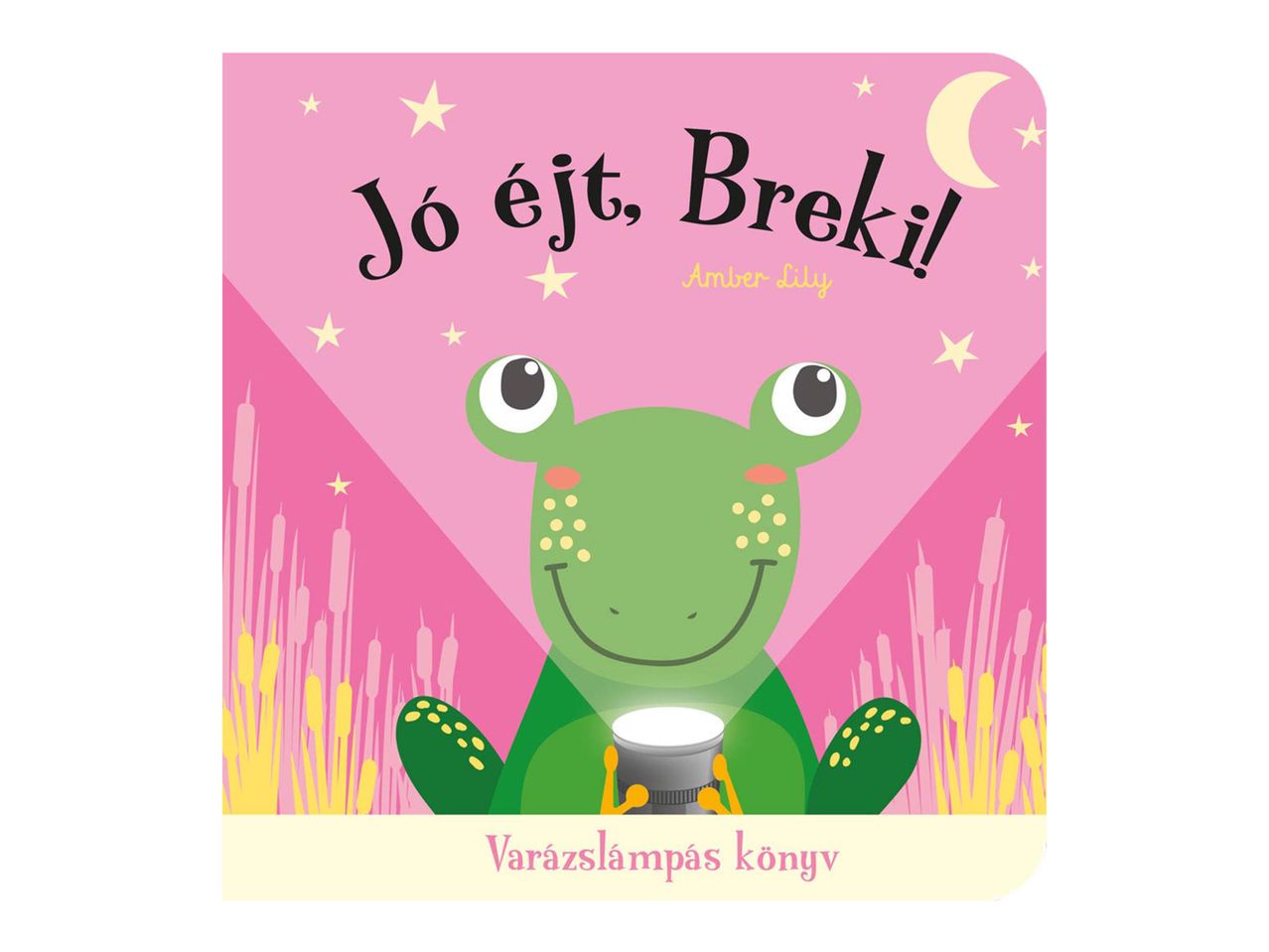 Gyermekmese könyv, béka főszereplővel, rózsaszín háttérrel.