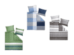 Drei Bettwäsche-Sets in Grün, Blau und Grau mit verschiedenen Mustern.