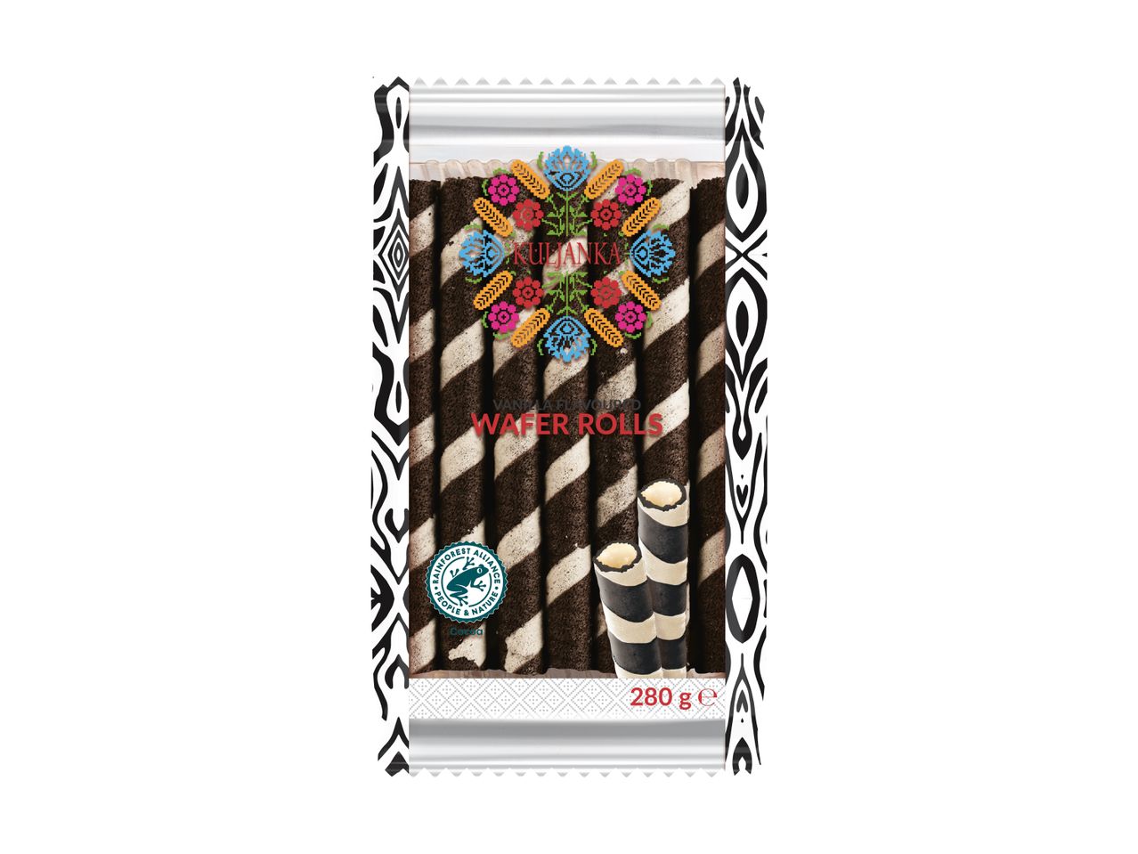 Vanilla flavoured wafer rolls in a black and white patterned package with colorful floral designs.