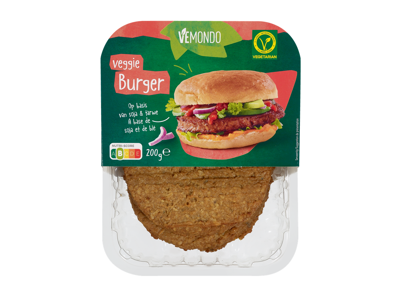 Vemondo Burger végétarien, à base de soja et de blé, 200g, Nutri-score A, V-Label végétarien