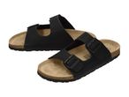 Pair of black two-strap sandals with cork footbeds and black buckles.