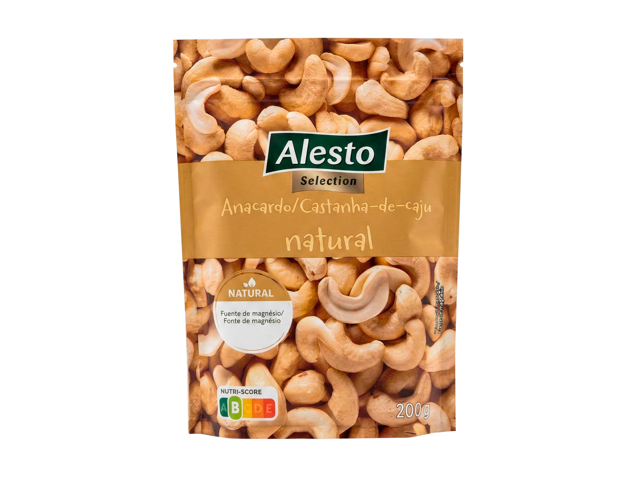 Alesto Selection Caju ao Natural numa embalagem transparente e dourada, 200g.