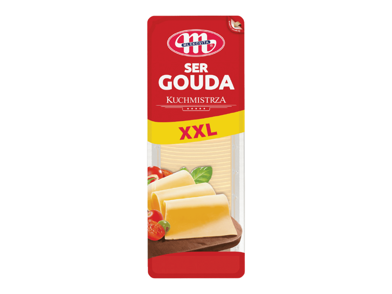 Raudona pakuotė su geltonu užrašu „GOUDA XXL“, rodanti sūrio riekeles su pomidorais ir baziliku.