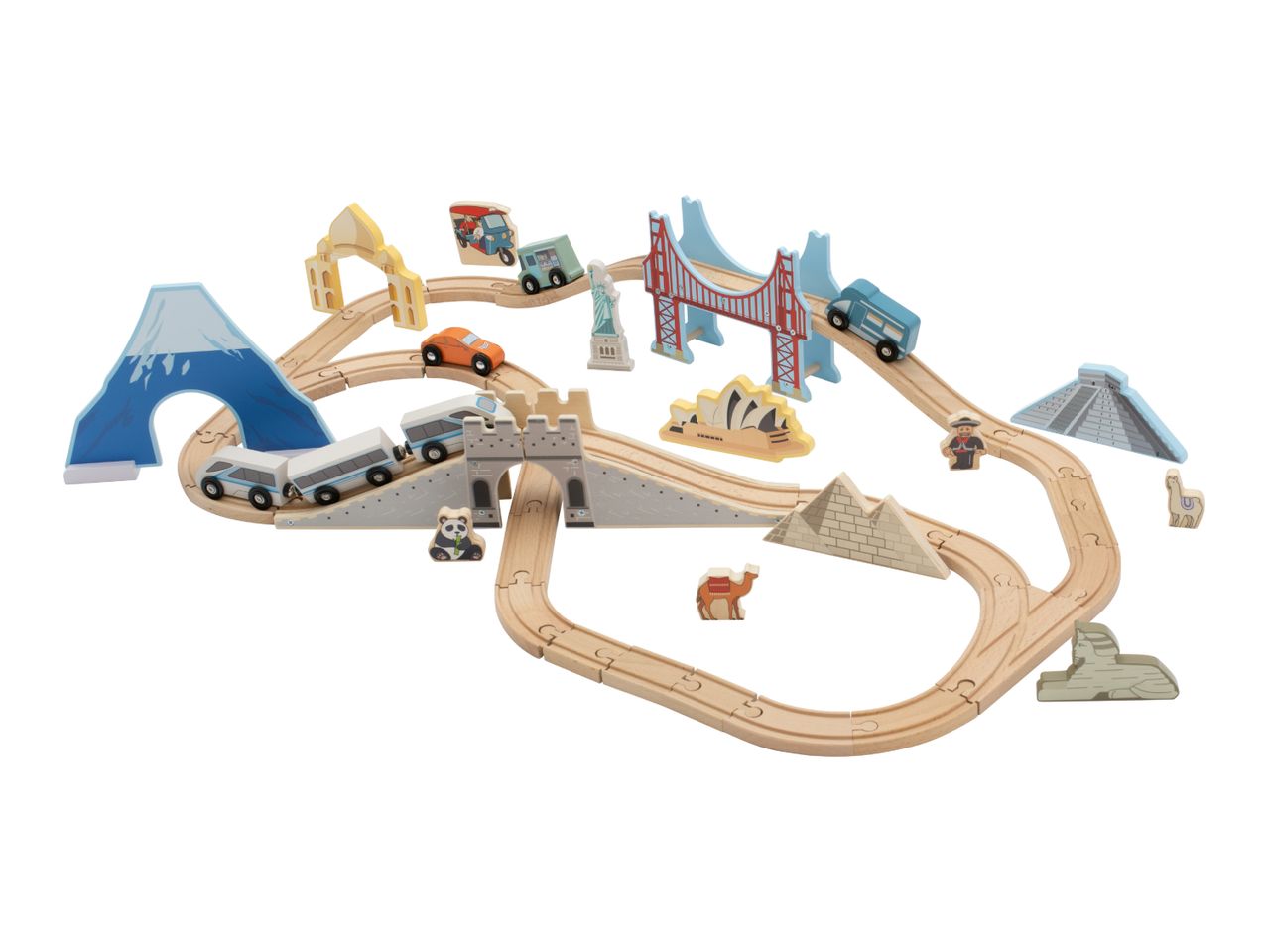 Wooden train set with world landmarks like Mount Fuji, Golden Gate Bridge, and pyramids.