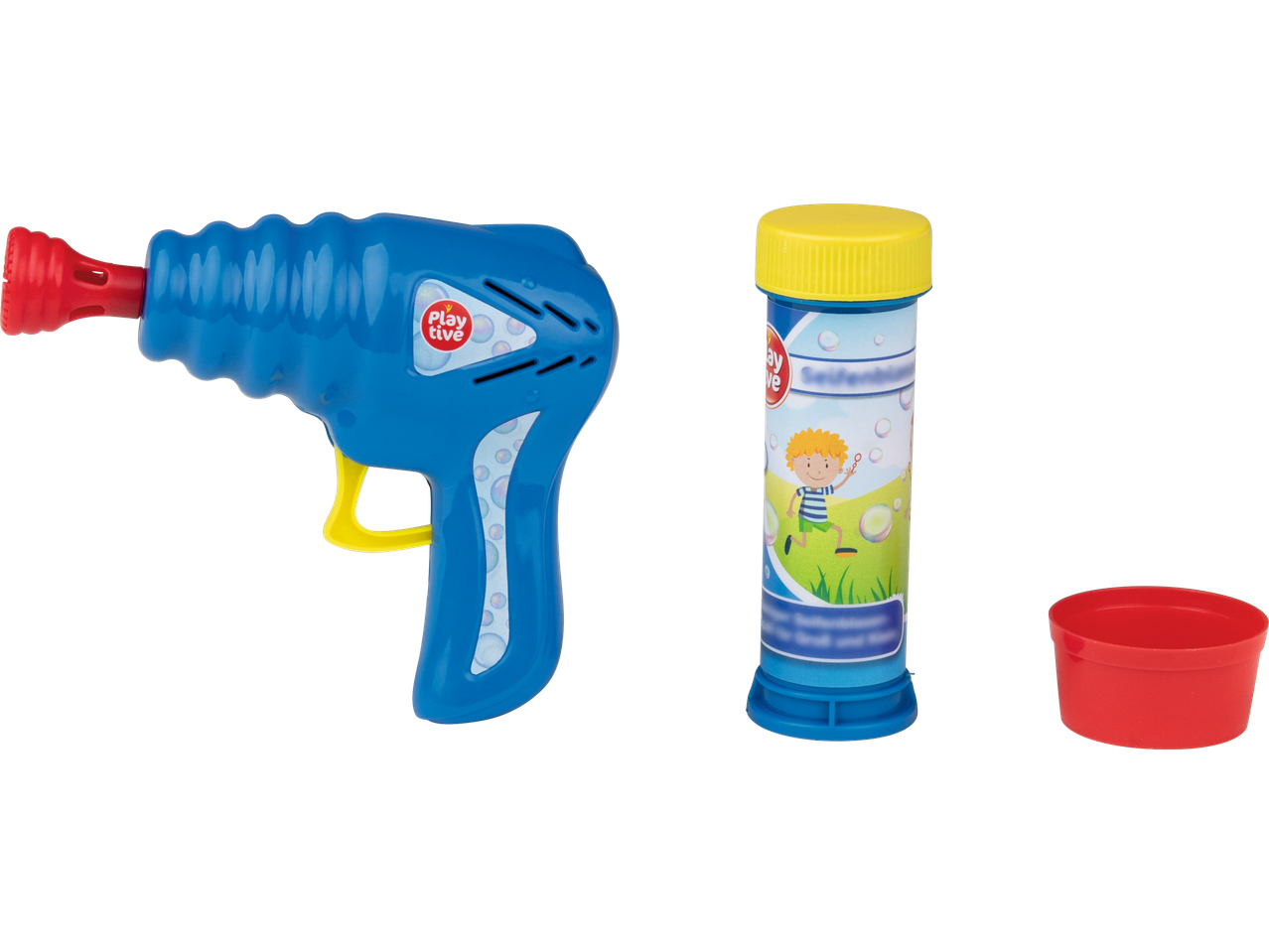Pistol de baloane de săpun PLAYTIVE albastru cu soluție de rezervă și recipient roșu.