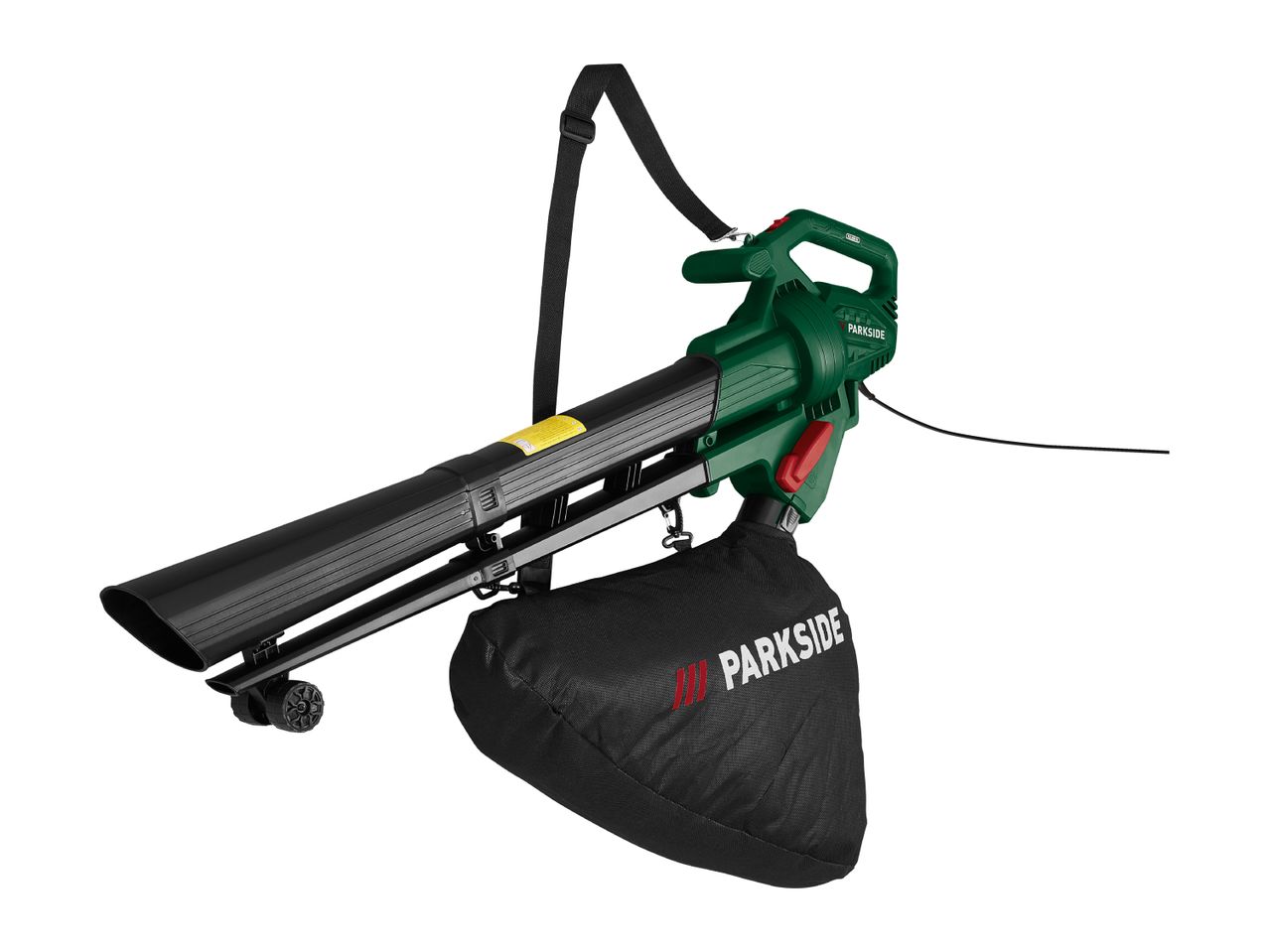 Green electric leaf blower with a black collection bag and shoulder strap