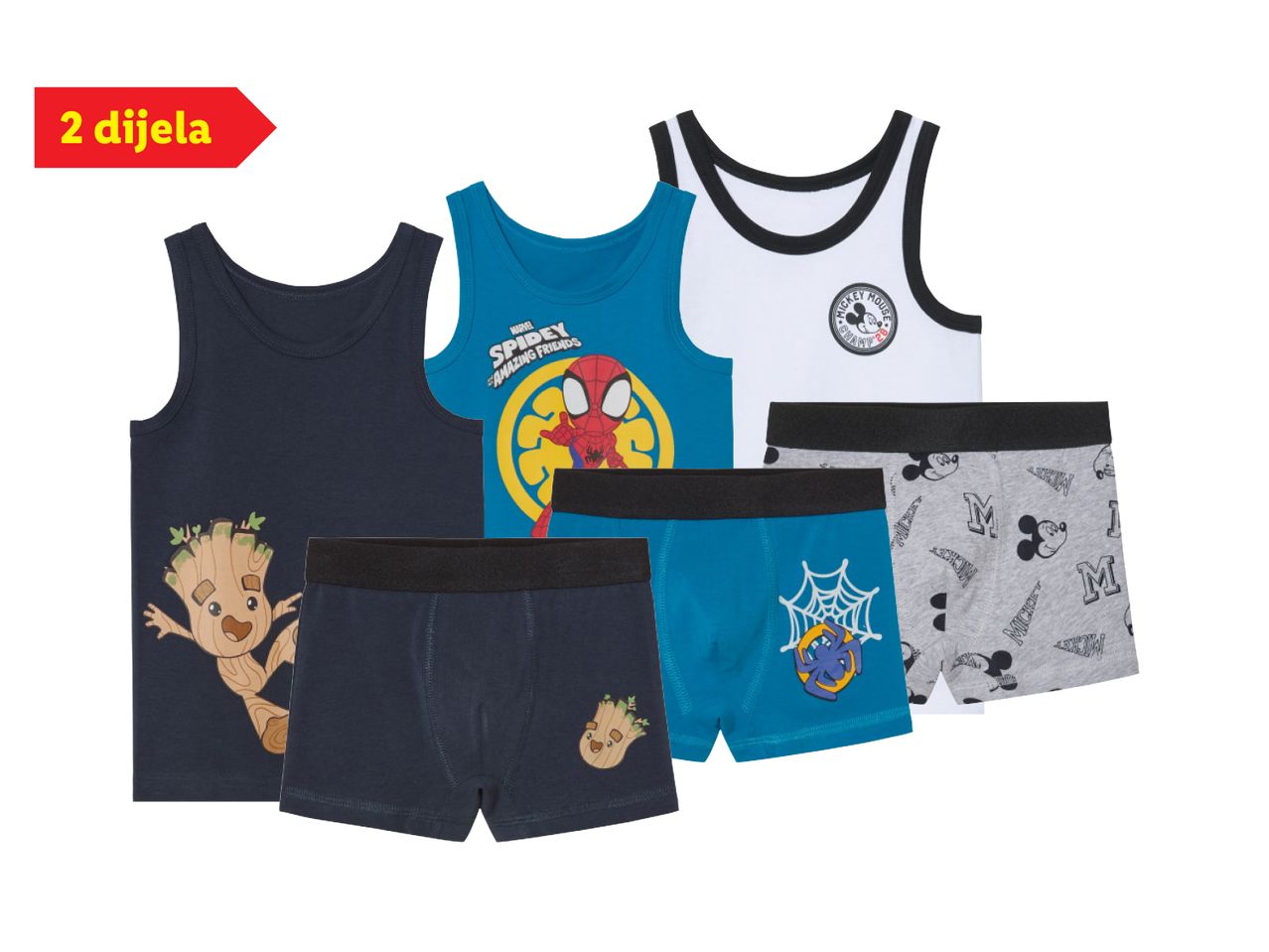 Set dječjih potkošulja i bokserica s motivima Groota, Spideya i Mickey Mousea.