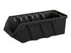 Black plastic storage bin with an open front, designed for organizing small items.