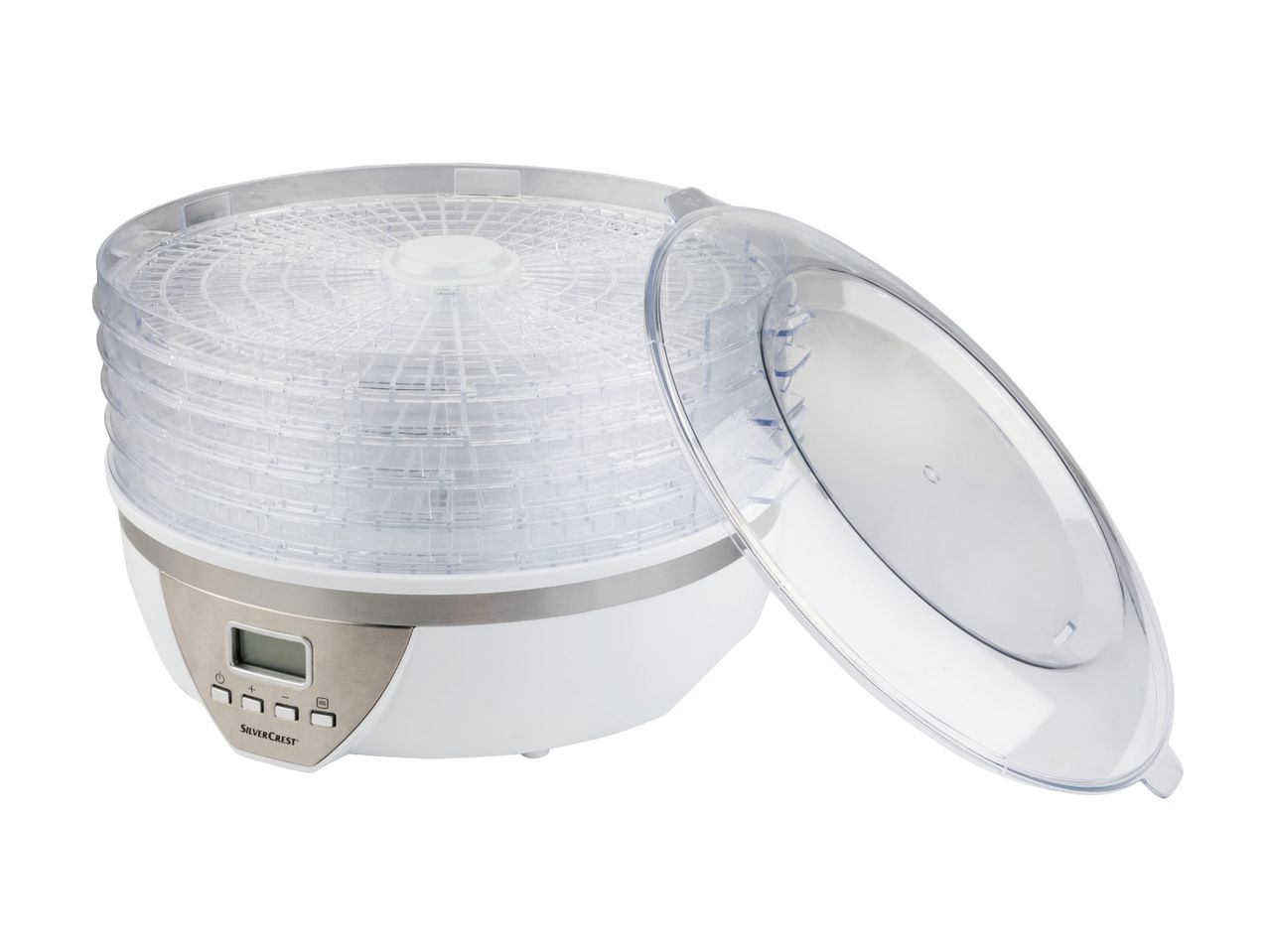 En elektrisk fødevaredehydrator med flere etager og gennemsigtigt låg.