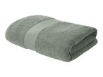 Folded sage green bath towel with a ribbed border, isolated on a white background.