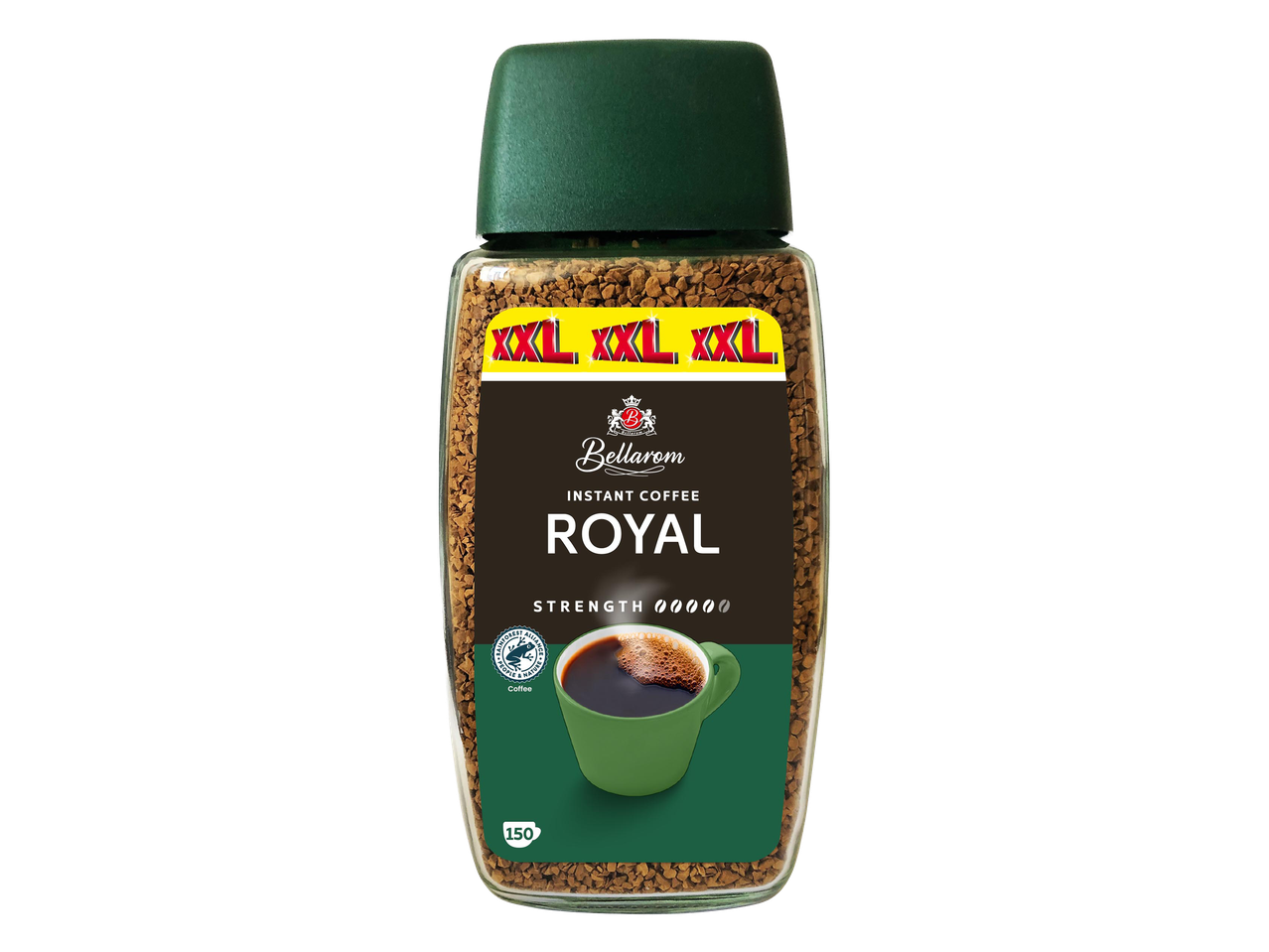 XXL méretű instant kávé üvegben, „ROYAL” felirattal és egy csésze kávéval.