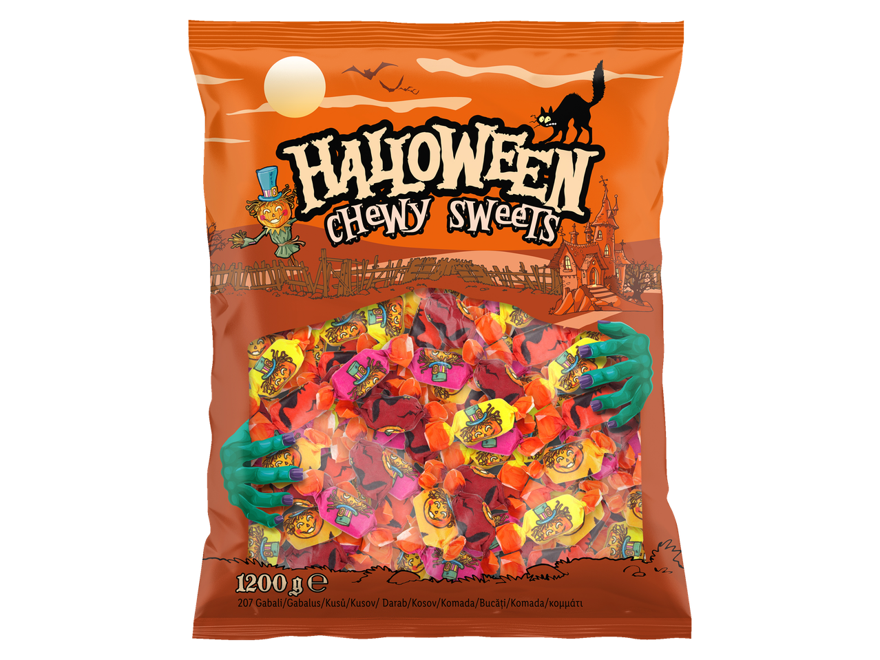 Halloween Chewy Sweets cukorka zacskó madárijesztővel és kísértetjárta kastéllyal.