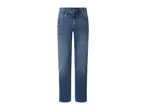 Blue denim jeans with a straight leg fit, featuring classic five-pocket styling and a button closure.