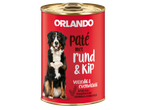 Pâtée pour chien Orlando au bœuf et au poulet dans une boîte rouge.