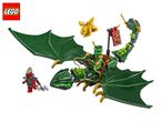 Green dragon building set with a minifigure rider, a red minifigure, and a golden dragon.