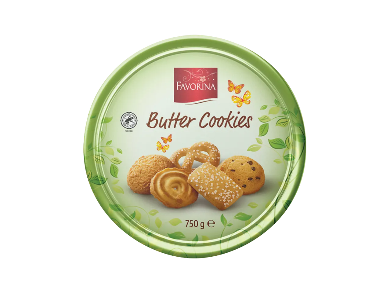 Okrugla zelena kutija puter keksa sa različitim oblicima keksa i leptirima.