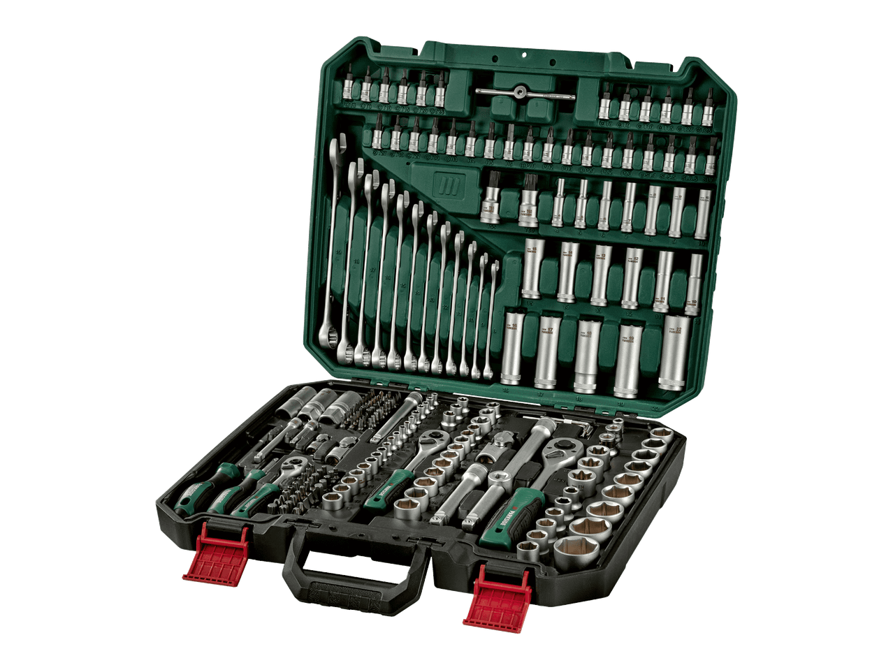 Työkalusarja, jossa on hylsyavaimia, kiintoavaimia ja ruuvimeisseleitä vihreässä kotelossa.