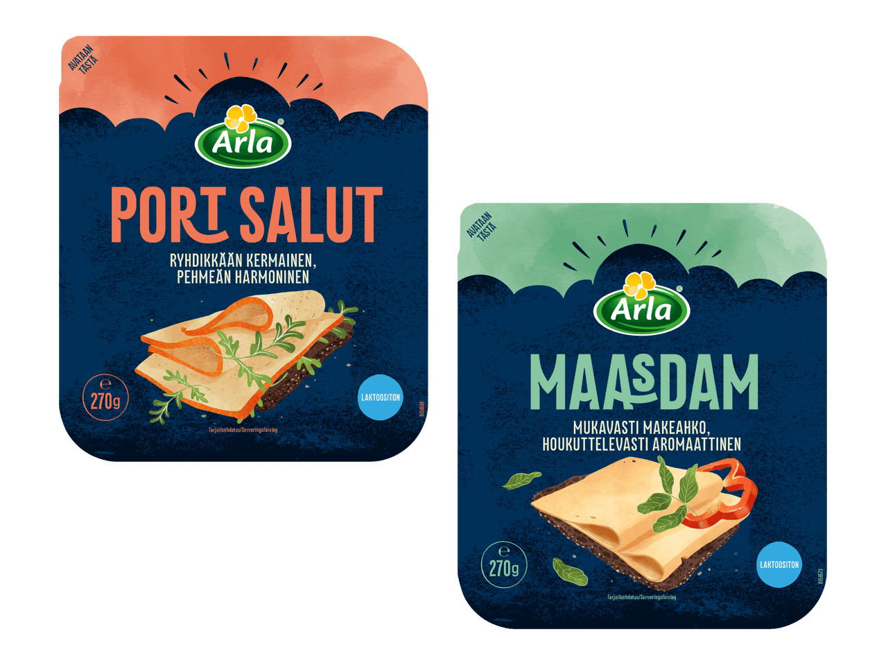 Kaksi laktoositonta juustoviipalepakkausta: Port Salut ja Maasdam.